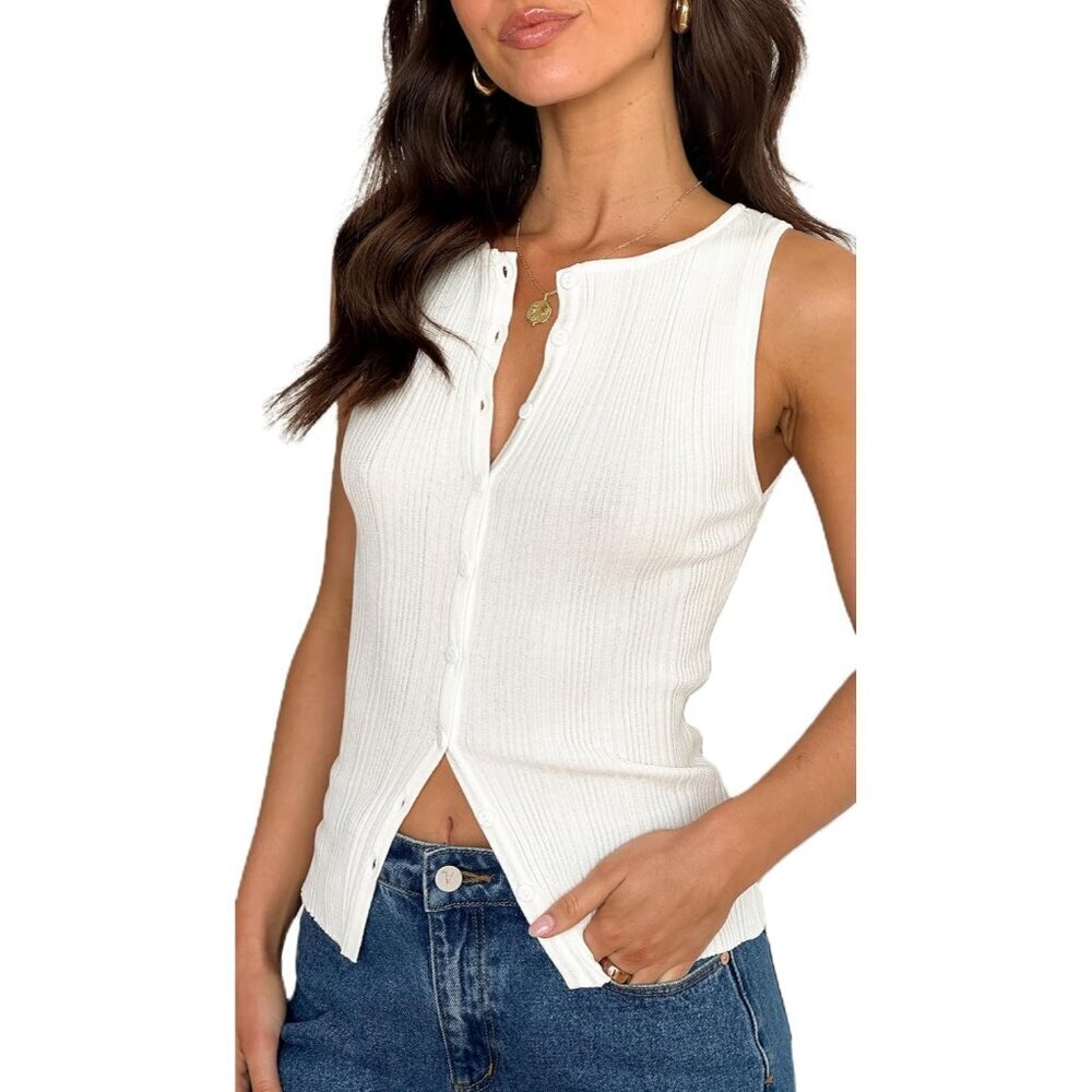 Women Ribbed Crop Tank Top Sleeveless Button Down Summer Vest Slim Fit